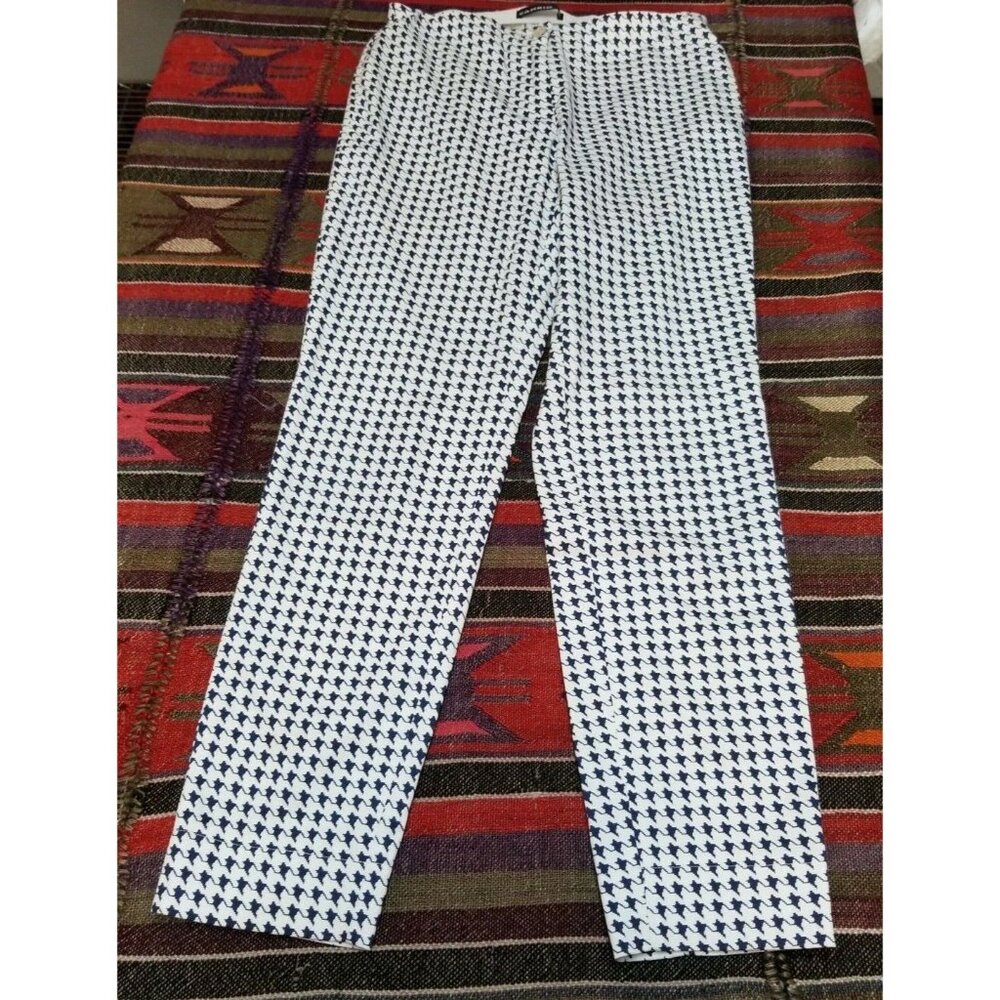 Cambio Womens Houndstooth Straight Leg Ankle Pants Size 4 Mid-Rise White Blue